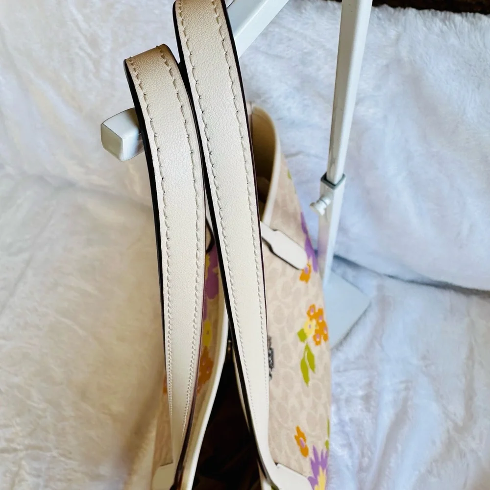 Coach Beige Floral Canvas Tote with Purple and Yellow Flowers - Picture 8 of 10